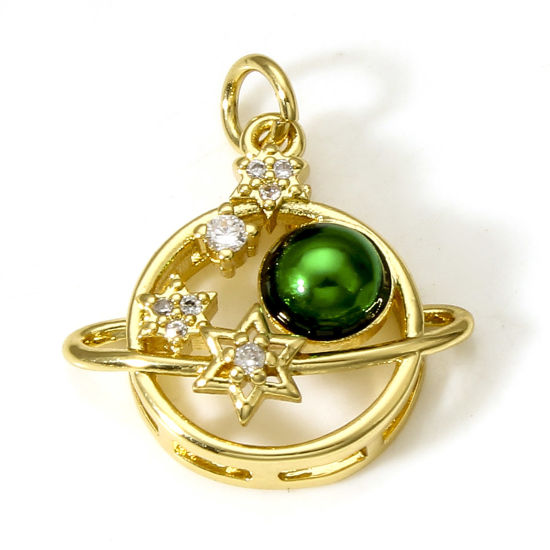 Picture of Brass Galaxy Charms 18K Real Gold Plated Green Planet Enamel Clear Cubic Zirconia 21.5mm x 19mm, 1 Piece