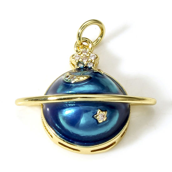 Picture of Brass Galaxy Charms 18K Real Gold Plated Dark Blue Planet Enamel Clear Cubic Zirconia 22mm x 21.5mm, 1 Piece