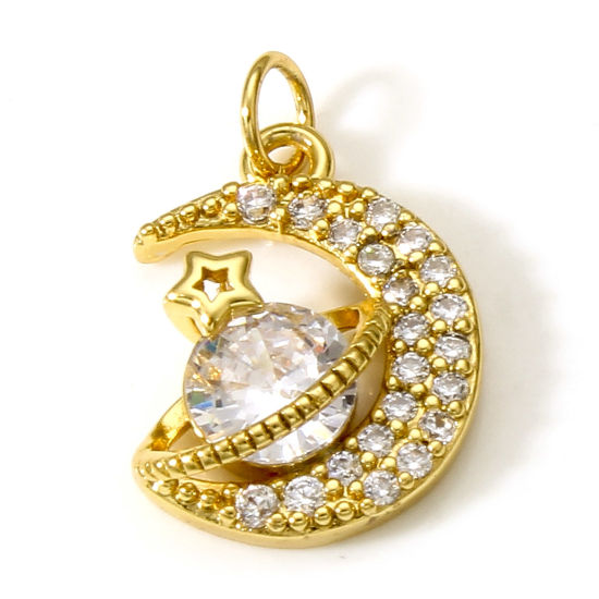 Picture of Brass Galaxy Charms 18K Real Gold Plated Planet Clear Cubic Zirconia 20mm x 12mm, 1 Piece