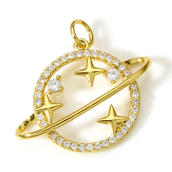 Picture of Brass Galaxy Charms 18K Real Gold Plated Planet Clear Cubic Zirconia 21mm x 23.5mm, 1 Piece