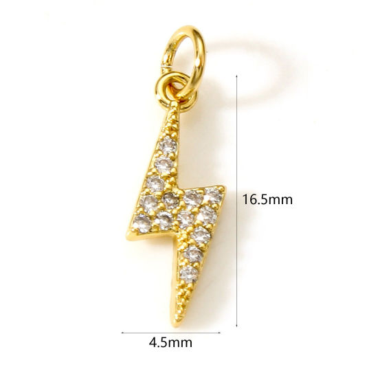 Изображение Латунь Коллекция Погоды Подвески Молния 18K настоящее золото с покрытием Бижутерия усыпанная мелким фианит Прозрачный Искусственный Циркон 16.5мм x 4.5мм, 1 ШТ