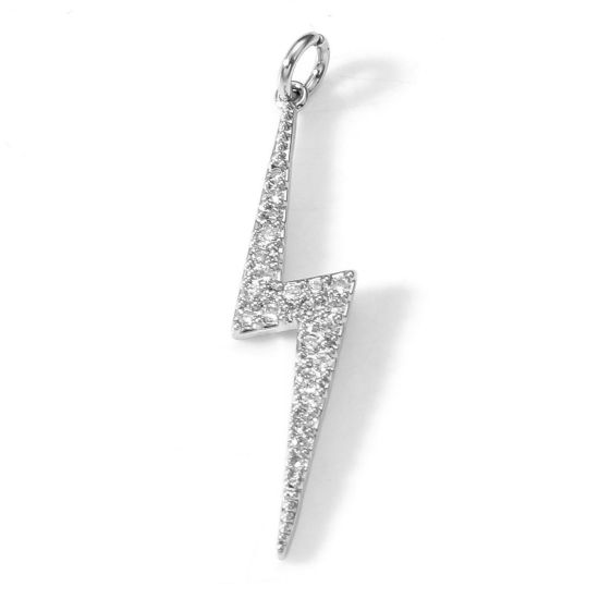 Picture of Brass Weather Collection Charms Real Platinum Plated Lightning Micro Pave Clear Cubic Zirconia 30mm x 6mm, 1 Piece                                                                                                                                            