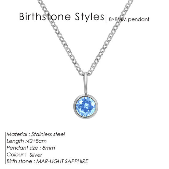 Image de Colliers Chaîne Maille Forçat en 316 Acier Inoxydable Pierres de Naissance Argent Mat Rond mars à Strass Bleu Clair 42cm Long, 1 Pièce