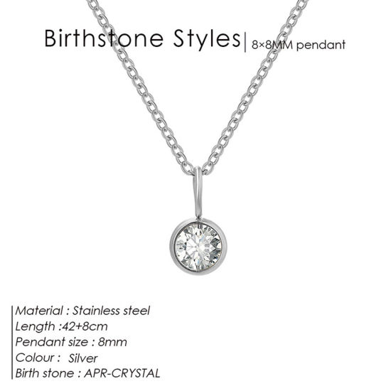 Image de Colliers Chaîne Maille Forçat en 316 Acier Inoxydable Pierres de Naissance Argent Mat Rond avril à Strass Transparent 42cm Long, 1 Pièce