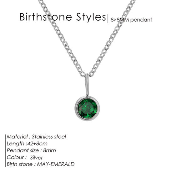 Image de Colliers Chaîne Maille Forçat en 316 Acier Inoxydable Pierres de Naissance Argent Mat Rond mai à Strass Vert 42cm Long, 1 Pièce