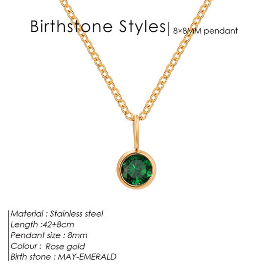 Image de Colliers Chaîne Maille Forçat en 316 Acier Inoxydable Pierres de Naissance Couleur Or Rose 14K Rond mai à Strass Vert 42cm Long, 1 Pièce