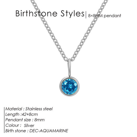 Image de Colliers Chaîne Maille Forçat en 316 Acier Inoxydable Pierres de Naissance Argent Mat Rond décembre à Strass Lac Bleu 42cm Long, 1 Pièce