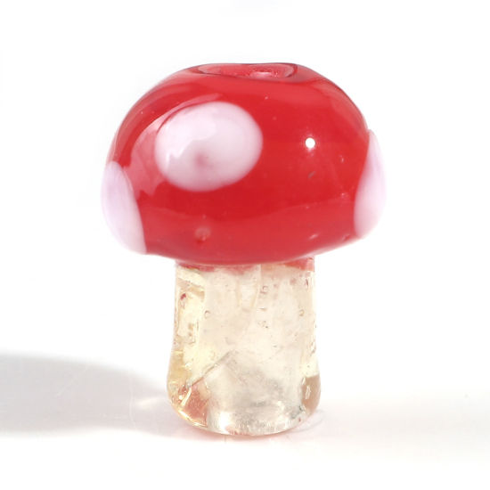 Picture of Lampwork Glass Flora Collection Beads For DIY Jewelry Making Mushroom Red Dot About 14mm x 10mm, Hole: Approx 1.2mm, 5 PCs