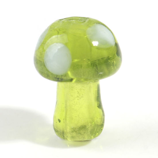 Picture of Lampwork Glass Flora Collection Beads For DIY Jewelry Making Mushroom Green Dot About 14mm x 10mm, Hole: Approx 1.2mm, 5 PCs