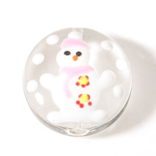 Picture of Glass Beads For DIY Charm Jewelry Making Round White Christmas Snowman About 20mm Dia, Hole: Approx 1.5mm, 2 PCs