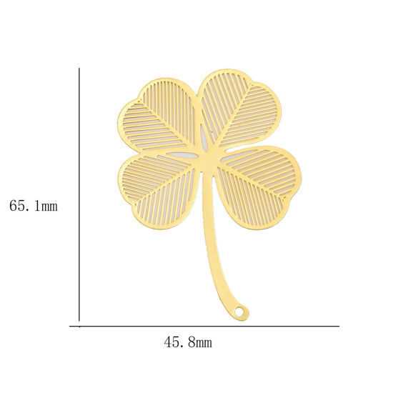 Picture of Brass Filigree Stamping Pendants Brass Color Four Leaf Clover Unplated 6.5cm x 4.6cm, 2 PCs                                                                                                                                                                   
