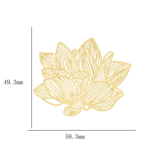 Bild von Messing Filigran Stempel Verzierung Anhänger Messingfarbe Lotosblume Blank 5.8cm x 4.9cm, 2 Stück                                                                                                                                                             