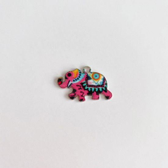 Picture of Zinc Based Alloy Ethnic Charms Silver Tone Multicolor Elephant Animal Enamel 25mm x 16mm, 10 PCs