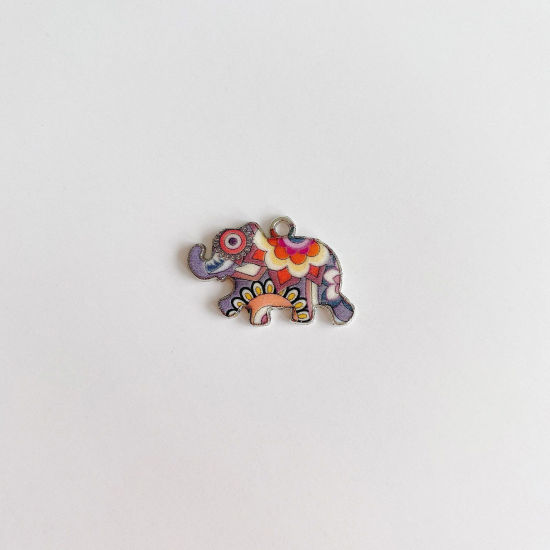 Picture of Zinc Based Alloy Ethnic Charms Silver Tone Multicolor Elephant Animal Enamel 25mm x 16mm, 10 PCs