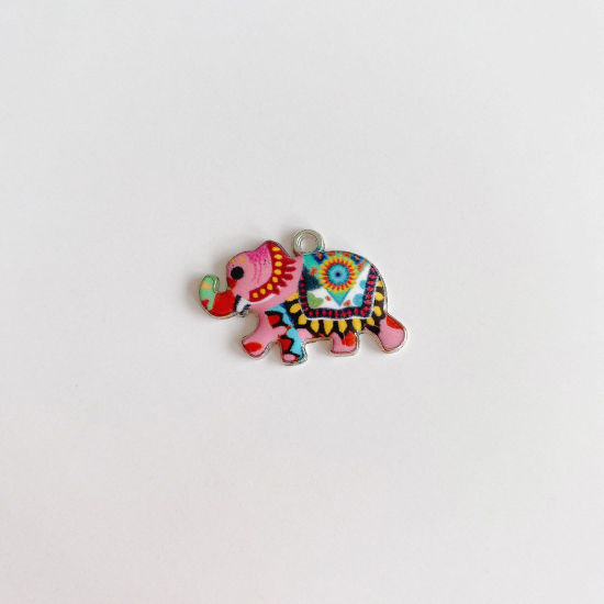 Picture of Zinc Based Alloy Ethnic Charms Silver Tone Multicolor Elephant Animal Enamel 25mm x 16mm, 10 PCs