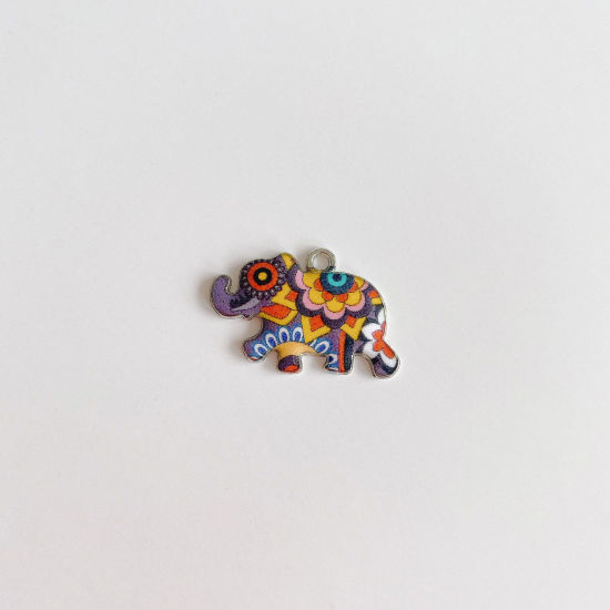 Picture of Zinc Based Alloy Ethnic Charms Silver Tone Multicolor Elephant Animal Enamel 25mm x 16mm, 10 PCs