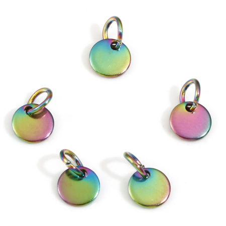 Picture of 10 PCs Eco-friendly PVD Vacuum Plating 304 Stainless Steel Blank Stamping Tags Charms Round Rainbow Color Plated Roller Burnishing 9mm x 6mm