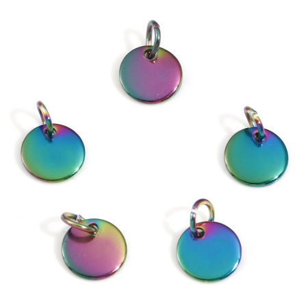 Picture of 10 PCs Eco-friendly PVD Vacuum Plating 304 Stainless Steel Blank Stamping Tags Charms Round Rainbow Color Plated Roller Burnishing 11mm x 8mm