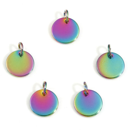 Picture of 10 PCs Eco-friendly PVD Vacuum Plating 304 Stainless Steel Blank Stamping Tags Charms Round Rainbow Color Plated Roller Burnishing 15mm x 12mm