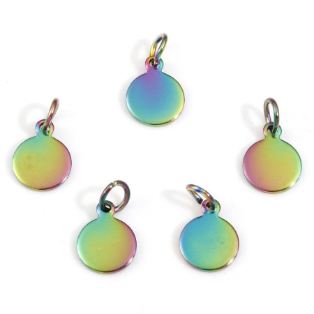 Picture of 10 PCs Eco-friendly PVD Vacuum Plating 304 Stainless Steel Blank Stamping Tags Disc Charms Round Rainbow Color Plated Roller Burnishing 14mm x 8mm