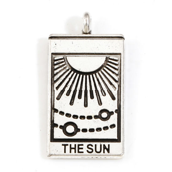 Picture of Zinc Based Alloy Tarot Charms Antique Silver Color Rectangle Sun Message " THE SUN " Double Sided 26mm x 13mm, 10 PCs