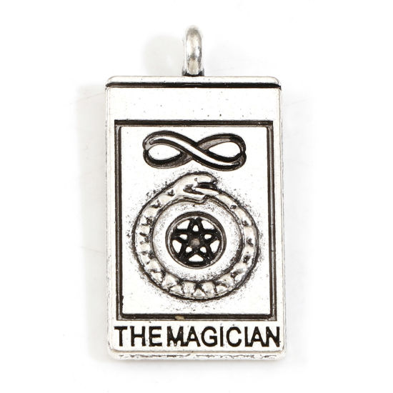 Picture of Zinc Based Alloy Tarot Charms Antique Silver Color Rectangle The Magician Message " THE MAGICIAN " Double Sided 26mm x 13mm, 10 PCs