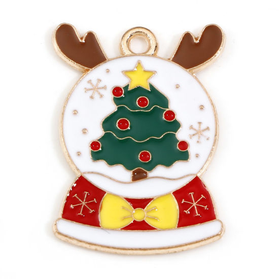 Picture of Zinc Based Alloy Christmas Charms Gold Plated Multicolor Christmas Tree Enamel 25mm x 18mm, 10 PCs