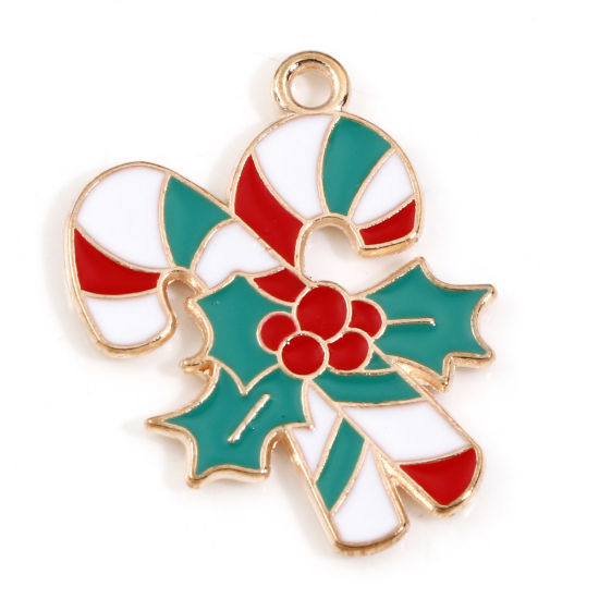 Picture of Zinc Based Alloy Christmas Charms Gold Plated Multicolor Christmas Candy Cane Enamel 24mm x 19mm, 10 PCs