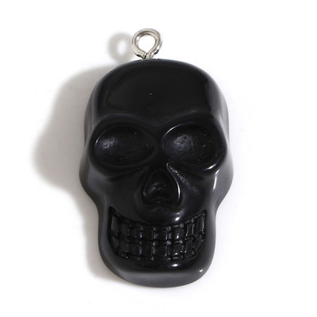 Image de Pendentifs Halloween en Résine Tête de Mort Noir 3.4cm x 1.9cm, 10 Pcs