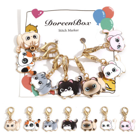 Picture of Clip On Charms For Vintage Charm Bracelets Knitting Stitch Markers Cat Animal KC Gold Plated Multicolor Enamel 3.8cm x 2.2cm, 1 Set ( 7 PCs/Set)