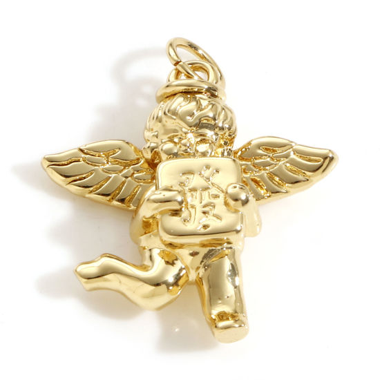 Bild von Messing Religiös Charms 18K Echtgold plattiert Engel 3D 25mm x 20mm, 1 Stück