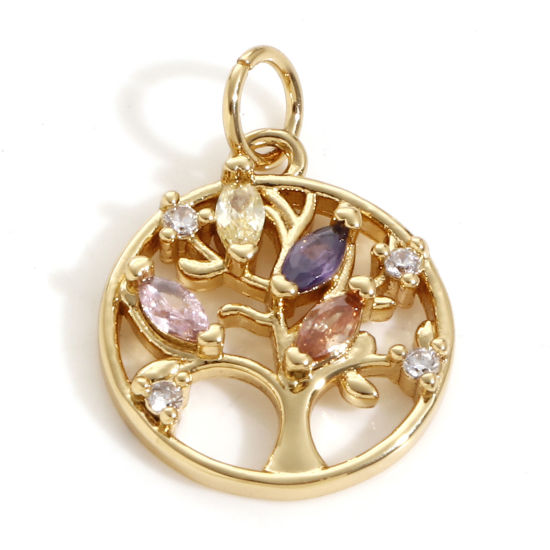 Image de Breloques en Laiton Rond Plaqué Or Véritable 18K Arbre de Vie à Zircone Cubique Multicolore 20mm x 14mm, 1 Pièce