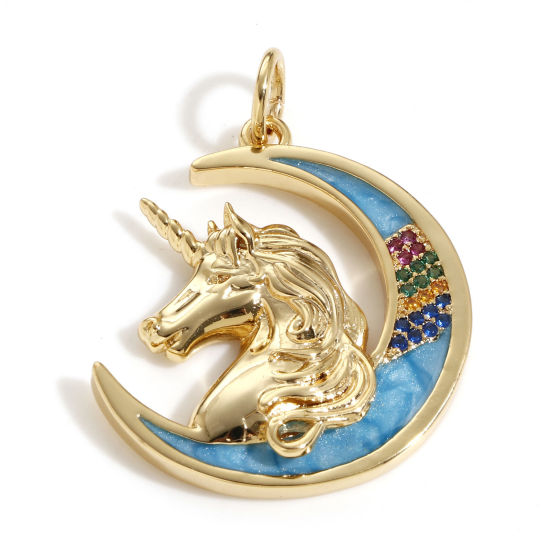 Picture of Brass Galaxy Pendants 18K Real Gold Plated Blue Half Moon Horse Enamel Multicolour Cubic Zirconia 3.5cm x 2.6cm, 1 Piece