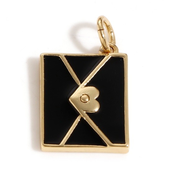 Picture of Brass Charms 18K Real Gold Plated Black Envelope Enamel 19mm x 11mm, 1 Piece