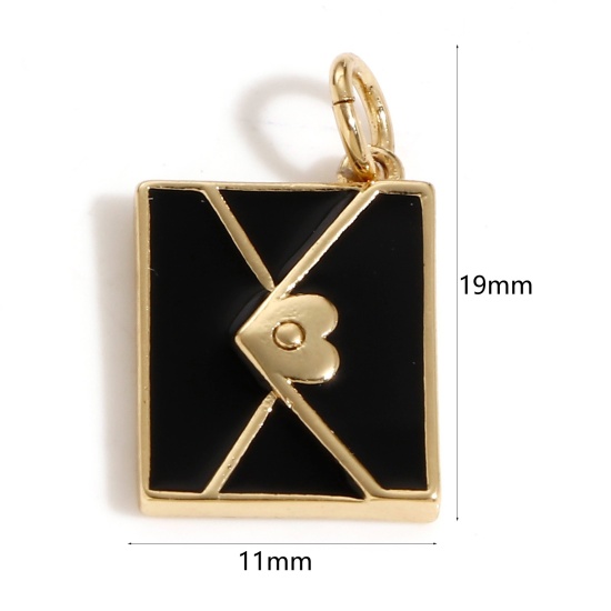 Image de Breloques en Laiton Enveloppe Plaqué Or Véritable 18K Noir Émail 19mm x 11mm, 1 Pièce