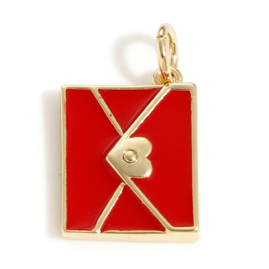 Picture of Brass Charms 18K Real Gold Plated Red Envelope Enamel 19mm x 11mm, 1 Piece