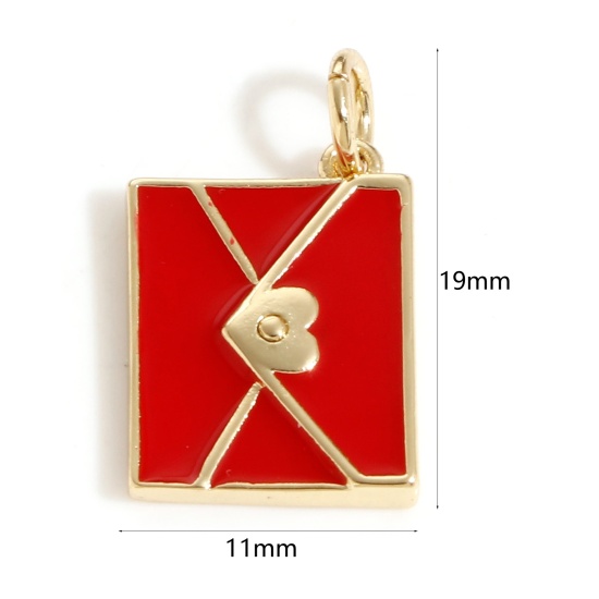 Image de Breloques en Laiton Enveloppe Plaqué Or Véritable 18K Rouge Émail 19mm x 11mm, 1 Pièce