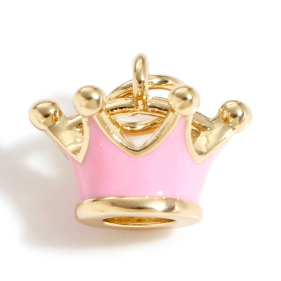 Picture of Brass Charms 18K Real Gold Plated Pink Crown 3D 13mm x 12mm, 1 Piece