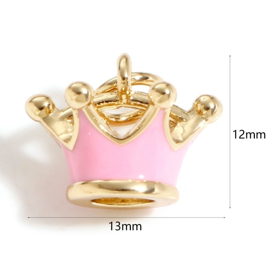 Picture of Brass Charms 18K Real Gold Plated Pink Crown 3D 13mm x 12mm, 1 Piece