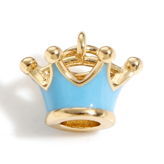 Picture of Brass Charms 18K Real Gold Plated Blue Crown 3D 13mm x 12mm, 1 Piece