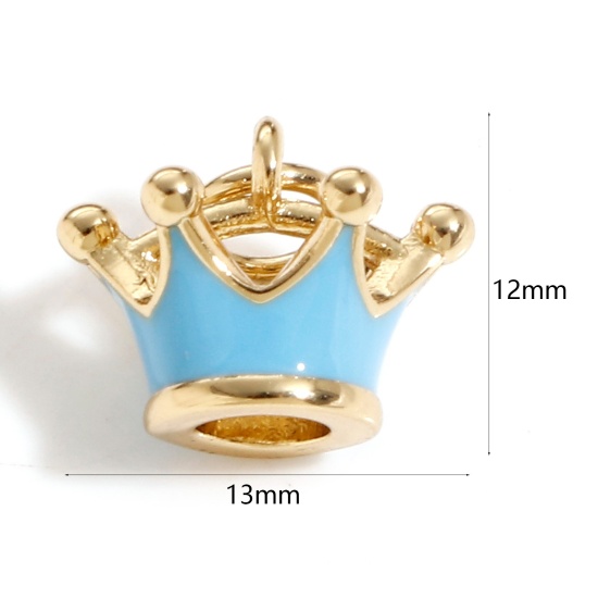 Picture of Brass Charms 18K Real Gold Plated Blue Crown 3D 13mm x 12mm, 1 Piece