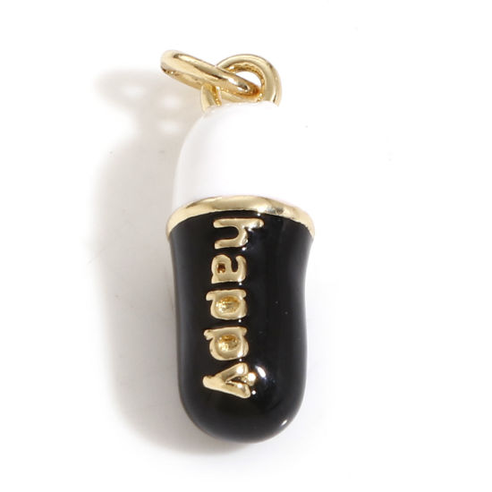 Picture of 1 Piece Brass Charms 18K Real Gold Plated Black & White Pill Message " Happy " Enamel 20mm x 6mm