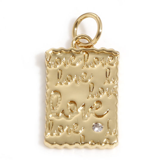 Picture of Brass Charms 18K Real Gold Plated Rectangle Message " LOVE " Clear Cubic Zirconia 21mm x 10mm, 2 PCs