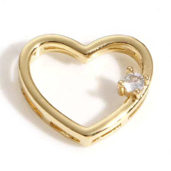 Picture of Brass Valentine's Day Charms 18K Real Gold Plated Heart Clear Cubic Zirconia 16mm x 14mm, 1 Piece