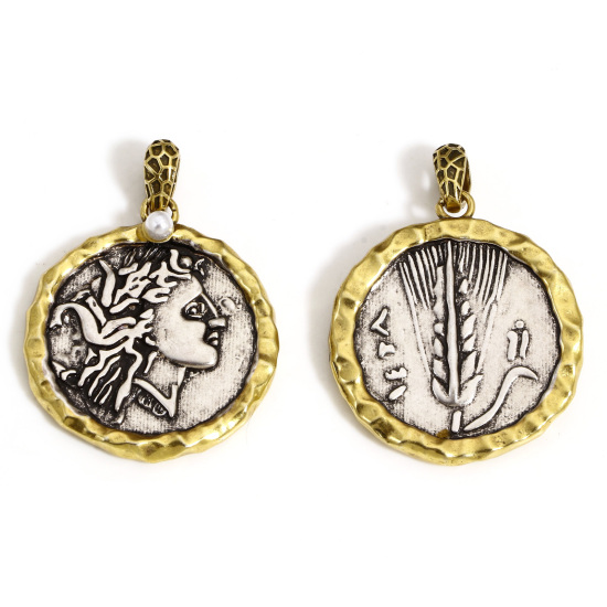 Imagen de 1 Unidad Latón Coin Colgantes Plata Antigua Bronce Antiguo Dos Colores Ronda Retrato Cabeza Doble Cara 3.5cm x 2.6cm