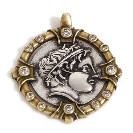 Imagen de 1 Unidad Latón Coin Colgantes Plata Antigua Bronce Antiguo Dos Colores Ronda Retrato Cabeza Doble Cara Claro Circón Artificial 29mm x 27mm