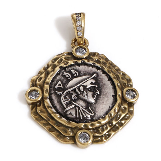 Imagen de 1 Unidad Latón Coin Colgantes Plata Antigua Bronce Antiguo Dos Colores Octágono Retrato Cabeza Doble Cara Claro Circón Artificial 3.3cm x 2.5cm