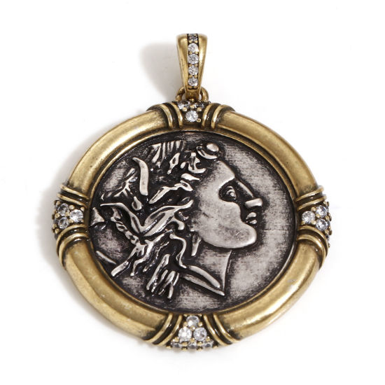 Imagen de 1 Unidad Latón Coin Colgantes Plata Antigua Bronce Antiguo Dos Colores Ronda Retrato Cabeza Doble Cara Claro Circón Artificial 3.7cm x 2.9cm