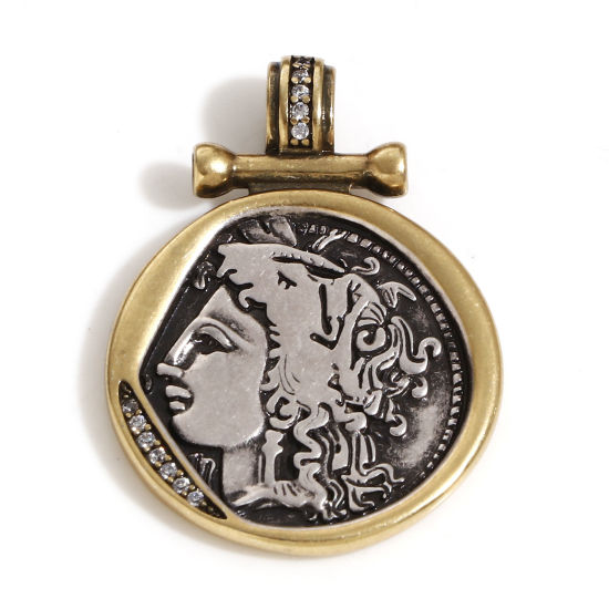 Imagen de 1 Unidad Latón Coin Colgantes Plata Antigua Bronce Antiguo Dos Colores Ronda Retrato Cabeza Doble Cara Claro Circón Artificial 3.1cm x 2.3cm