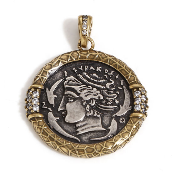 Imagen de 1 Unidad Latón Coin Colgantes Plata Antigua Bronce Antiguo Dos Colores Ronda Retrato Cabeza Doble Cara Claro Circón Artificial 3.5cm x 2.7cm